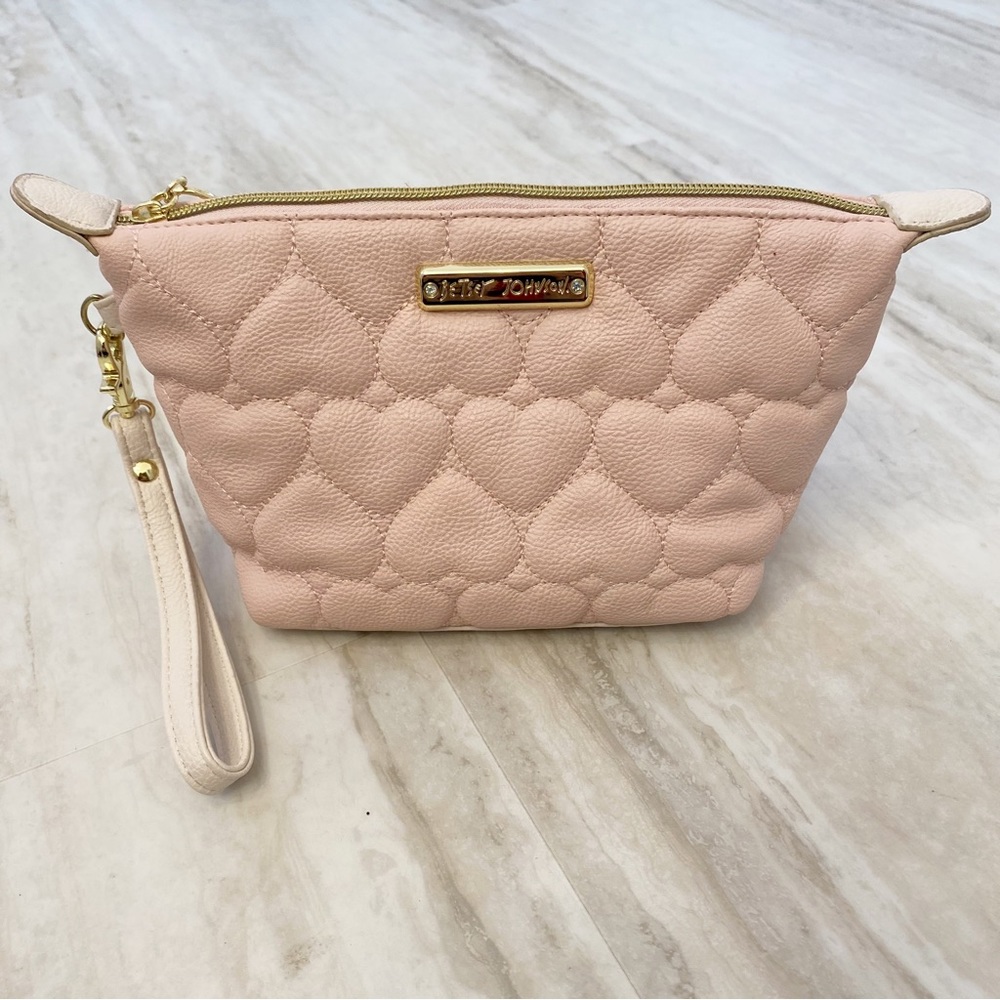 Betsey Johnson Pink Wristlet Cosmetic Zipper Pouch Bag Diamond Ring Hearts Bag